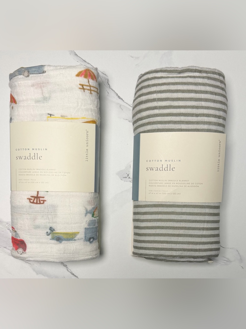 Cotton Muslin Swaddle Blanket Set - Gray Stripe & Multi Vehicle Print